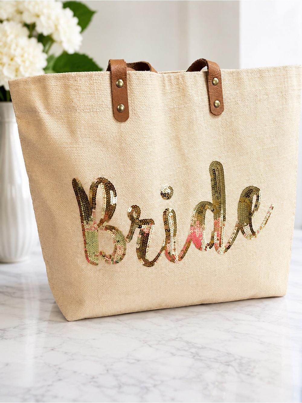 Large Bride Sequin Canvas Tote Bag by Mudpie in Natural with Gold Accents